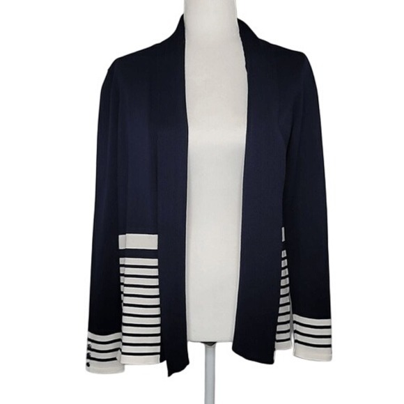 Roz & Ali Sweaters - Roz & Ali Blue‎ & White Long Sleeve Cardigan